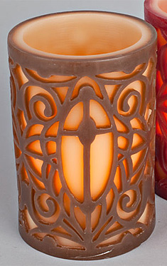 Flameless Carved Wax Intricate Cross Silhoutte Brown and Ivory