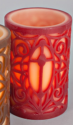 Flameless Carved Wax Intricate Cross Silhoutte Red and Ivory