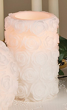 White Carved Wax Roses Flameless 4 x 6  LED Wedding Candle