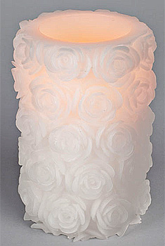White Carved Wax Roses Flameless 4 x 6  LED Wedding Candle