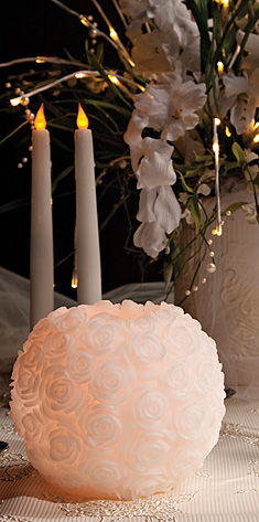 White Carved Wax Roses Flameless Round LED Wedding Candle