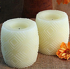 4 Inch Flameless Hurricane Embossed Diamond Design Set - 2 with Timer