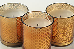 Flameless Set of 3 Pillars in Decorative Gold Patterned Glass