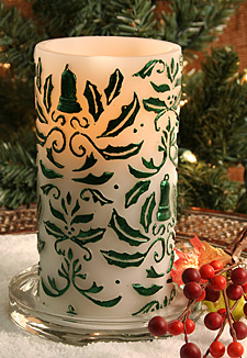 Holly Candle with Glass Pillar Coaster - Battery Operated