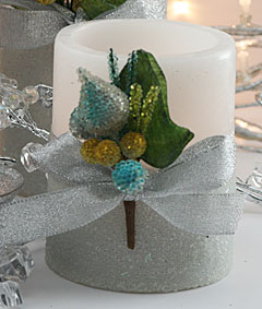 Beaded Garland Flameless  3 x 4 LED Candle with Ribbon