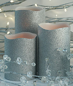Silver Glitter Flamless  4, 5 and 6 Inch LED Candles Set of 3 -Timer