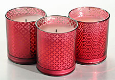 Flameless Set of 3 Pillars in Decorative Red Patterned Glass
