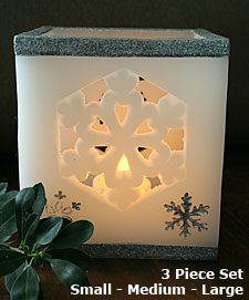 Carved Snowflake Flameless 3 Piece Set White with Silver